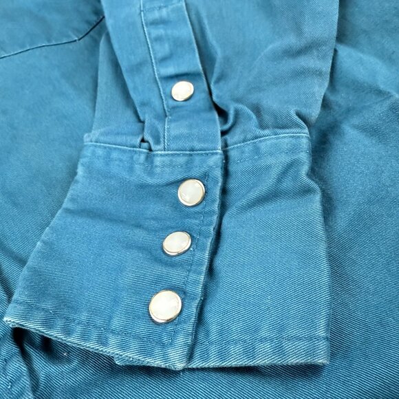 Vintage 90s Wrangler Pearl Snap Western Shirt Teal Denim Cowboy XL Long Sleeve - Picture 4 of 11